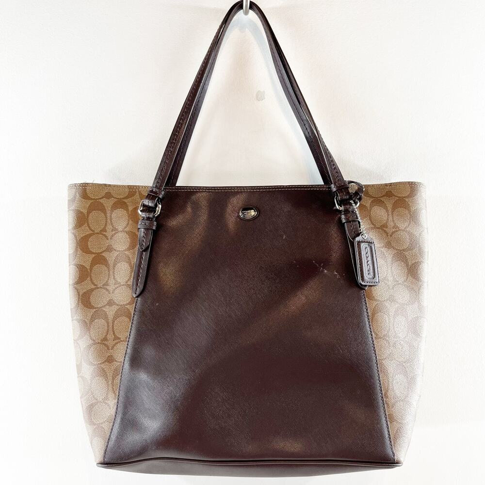Coach Peyton Leather Canvas Signature C Tote Purse Bag Brown
